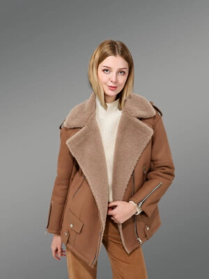 Brown Suede Finish Sheepskin Shearling Jacket for Women