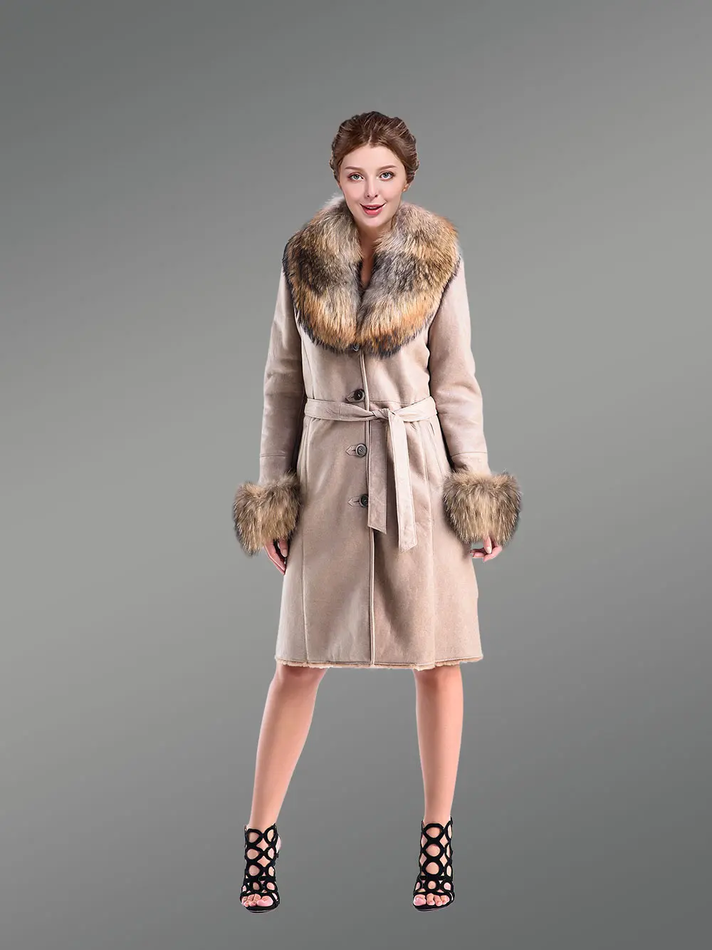 Long Original Shearling Coat with Fox Fur Collar