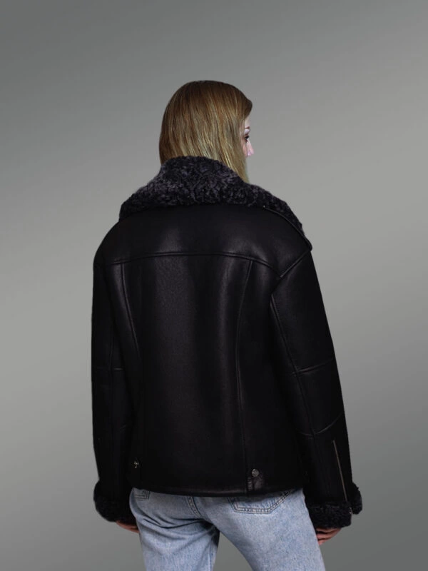 Sheepskin Shearling Jacket for Women in Black Wool