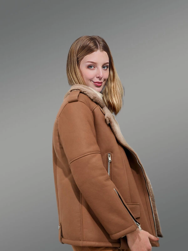 Brown Suede Finish Sheepskin Shearling Jacket for Women