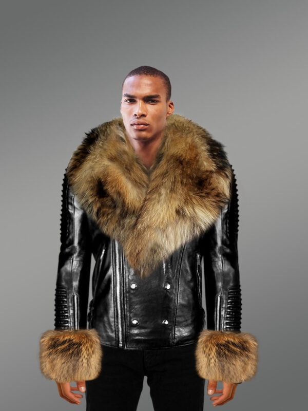 Men’s Leather Jacket with Detachable Fox Fur Collar and Cuffs
