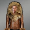 Men’s Brown Leather Jacket with Genuine Fur Hood and Handcuffs