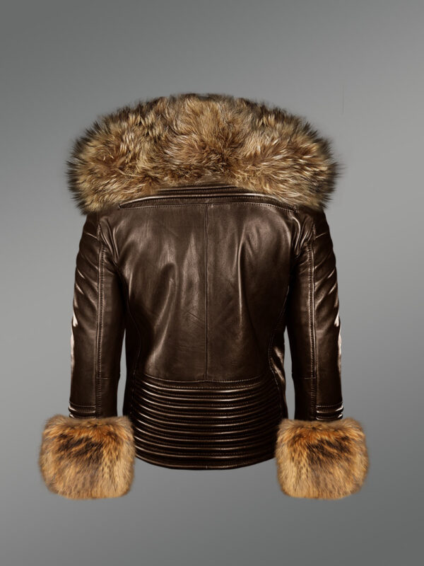 Men’s Coffee Leather Jacket with Detachable Fur Collar and Handcuffs