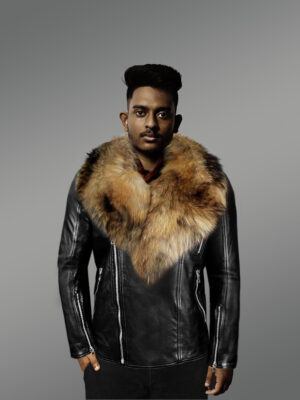 Mens Biker Jacket with Detachable Raccoon Fur Collar