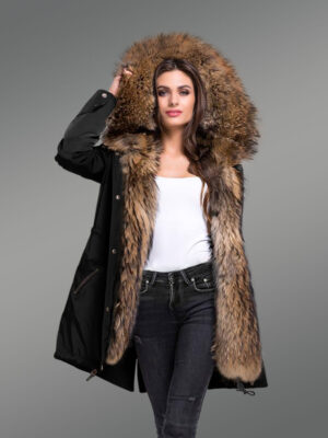 Women’s Striking Fashion Statements with Finn Raccoon Fur Hybrid Black Parka Convertibles with Rabbit Liner