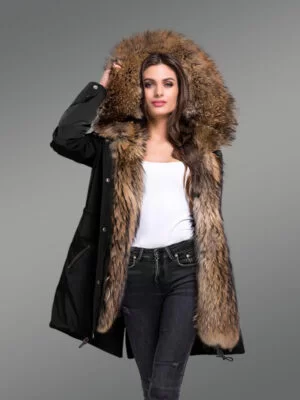 Women’s Striking Fashion Statements with Finn Raccoon Fur Hybrid Black Parka Convertibles with Rabbit Liner