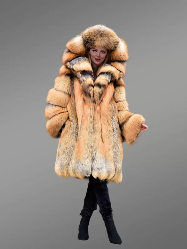 Fox Fur Trench Coat with Wide Hood - Image 2