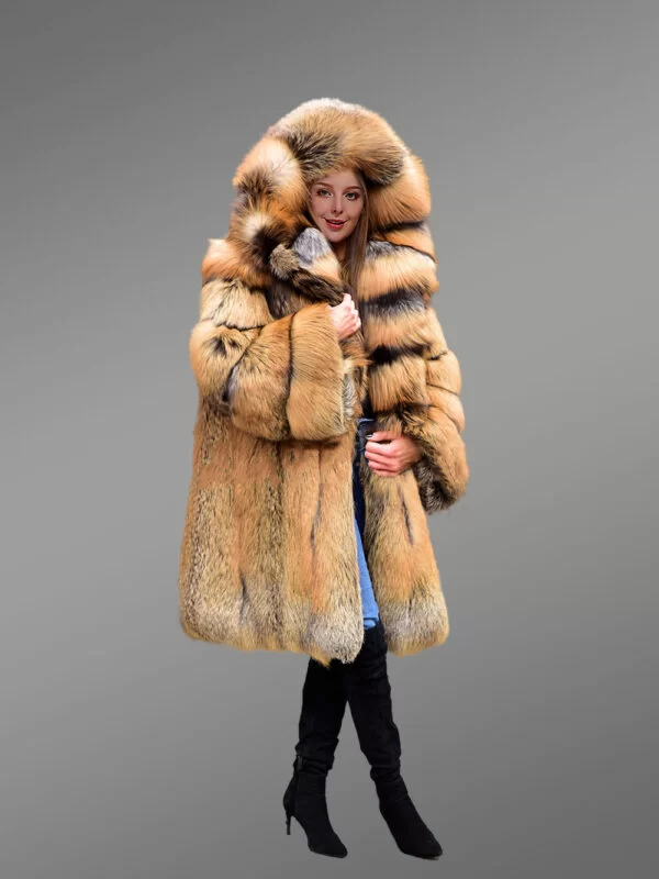 Fox Fur Trench Coat with Wide Hood - Image 3