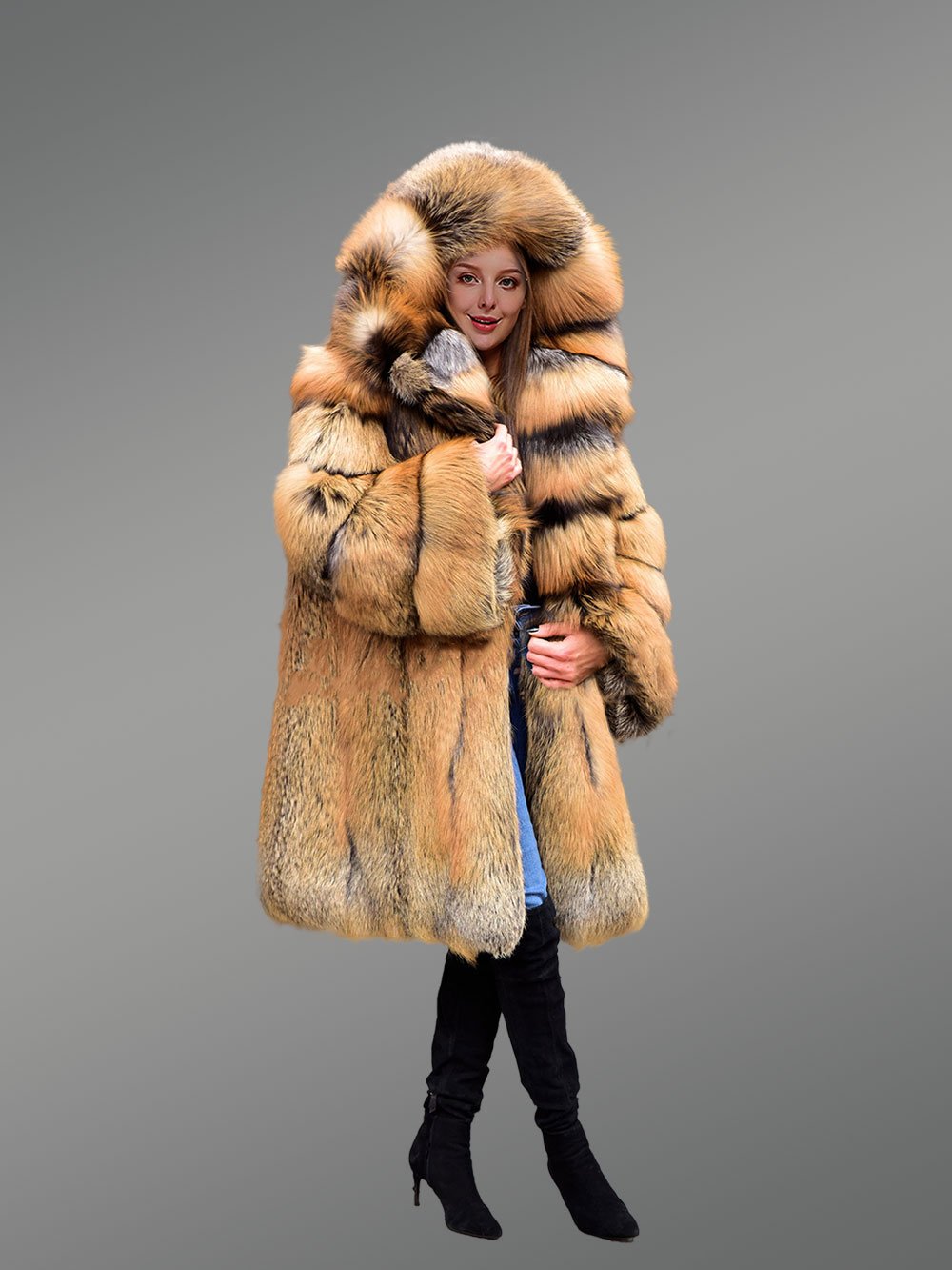Fox Fur Trench Coat with Wide Hood - Image 3
