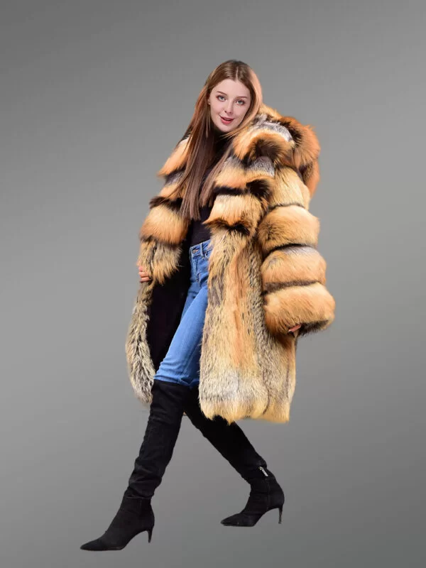 Fox Fur Trench Coat with Wide Hood - Image 5