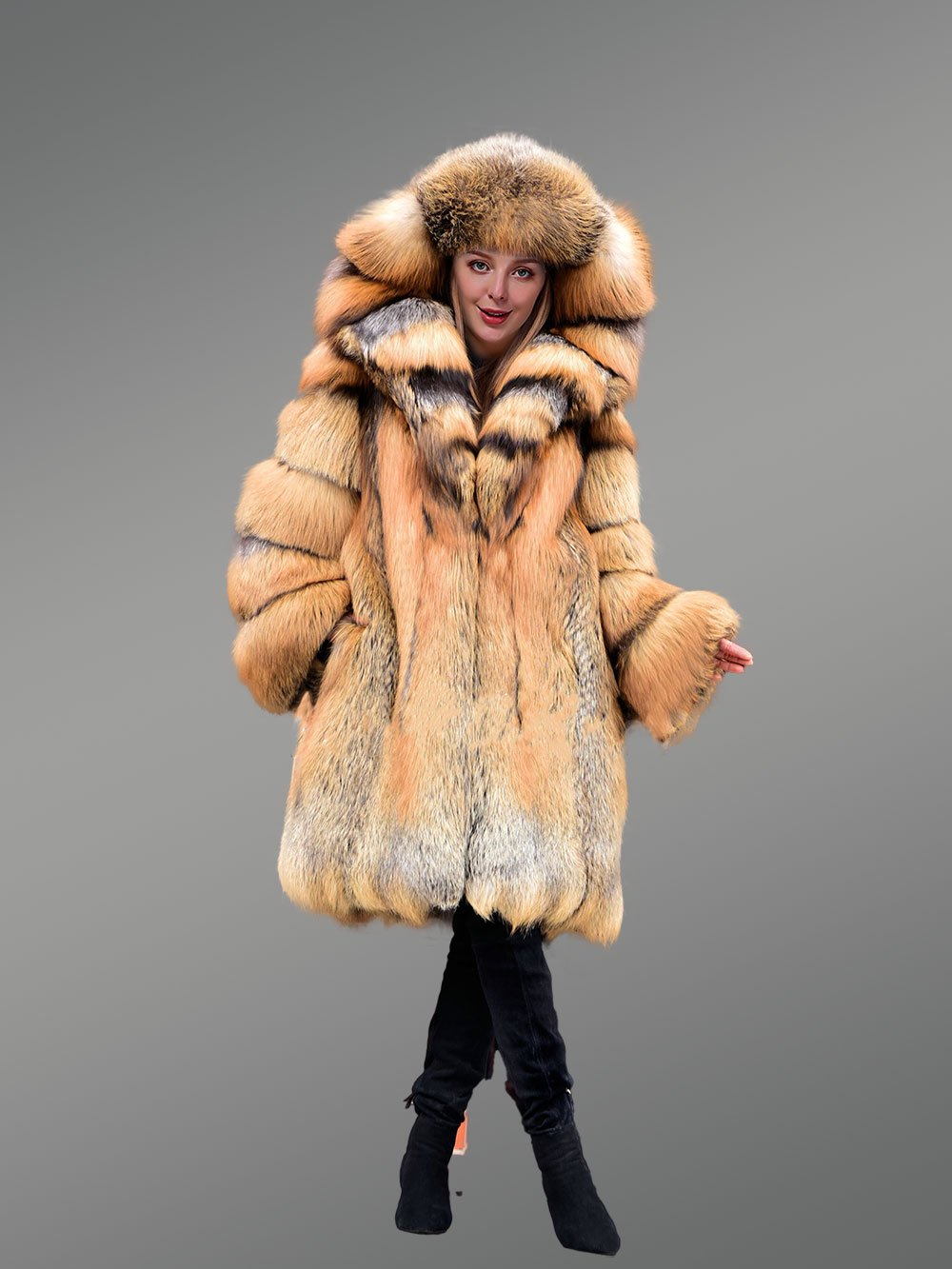 Fox Fur Trench Coat with Wide Hood - Image 6