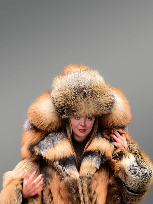 Fox Fur Trench Coat with Wide Hood - Image 7