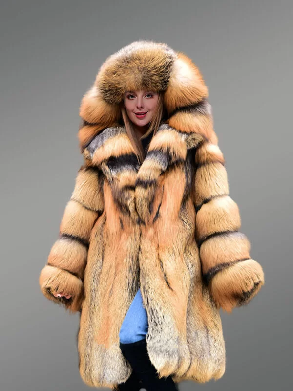 Fox Fur Trench Coat with Wide Hood