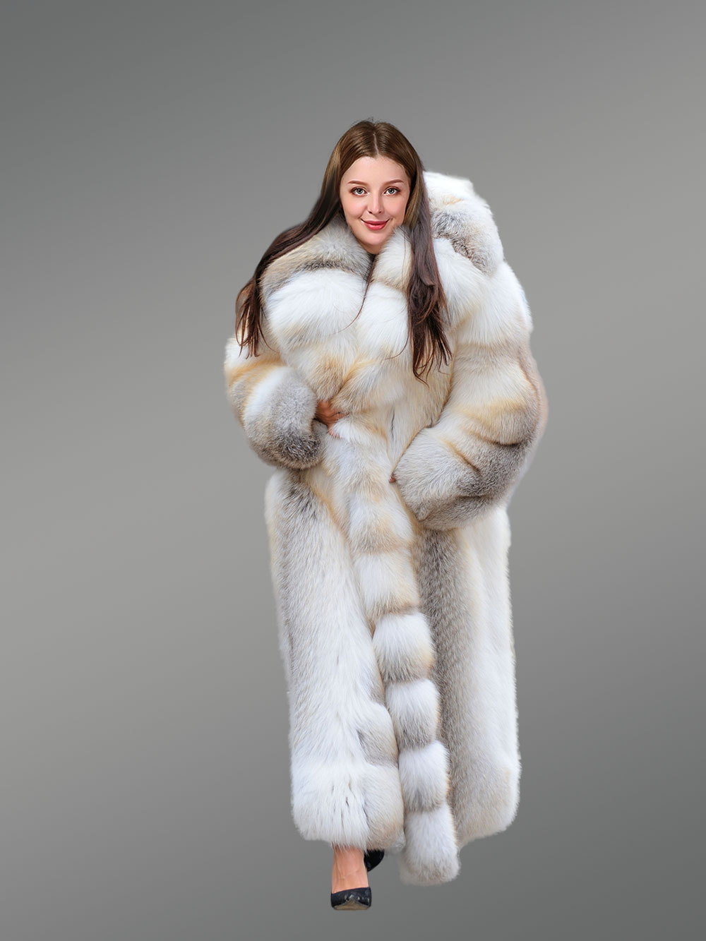 Fox Fur Long Tuxedo Coat for Women