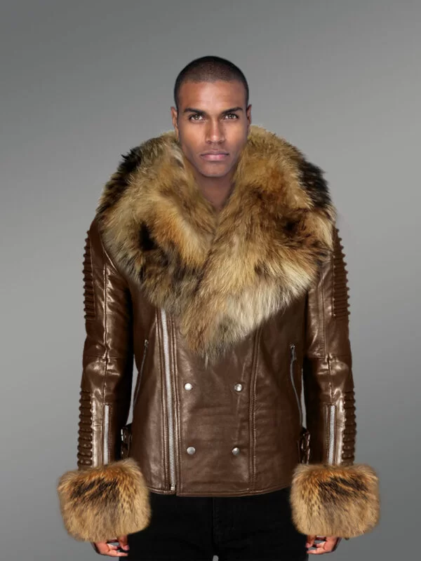 Genuine Leather Jacket for Men with Raccoon Fur Collar and Handcuffs