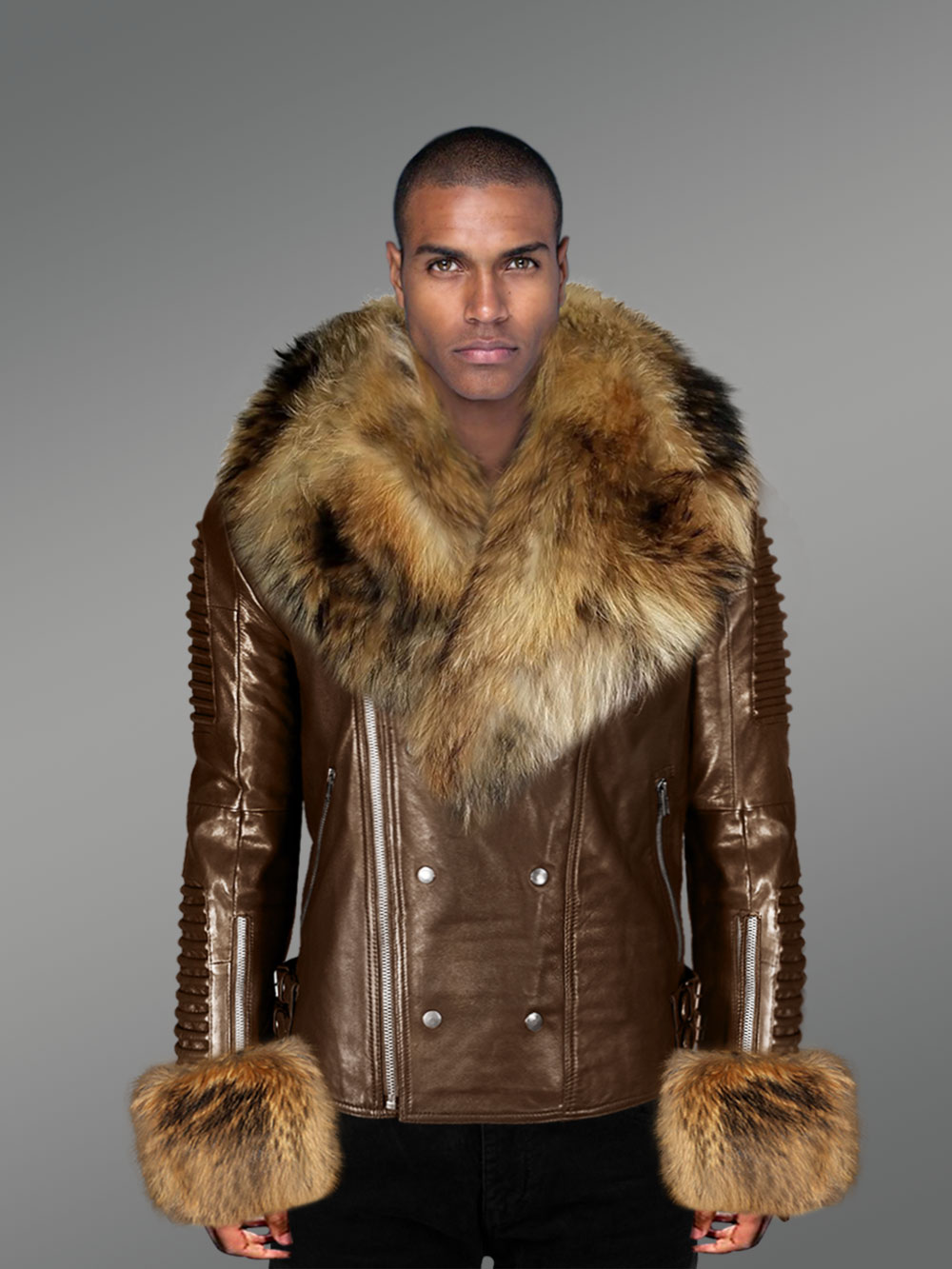 Genuine Leather Jacket for Men with Raccoon Fur Collar and Handcuffs