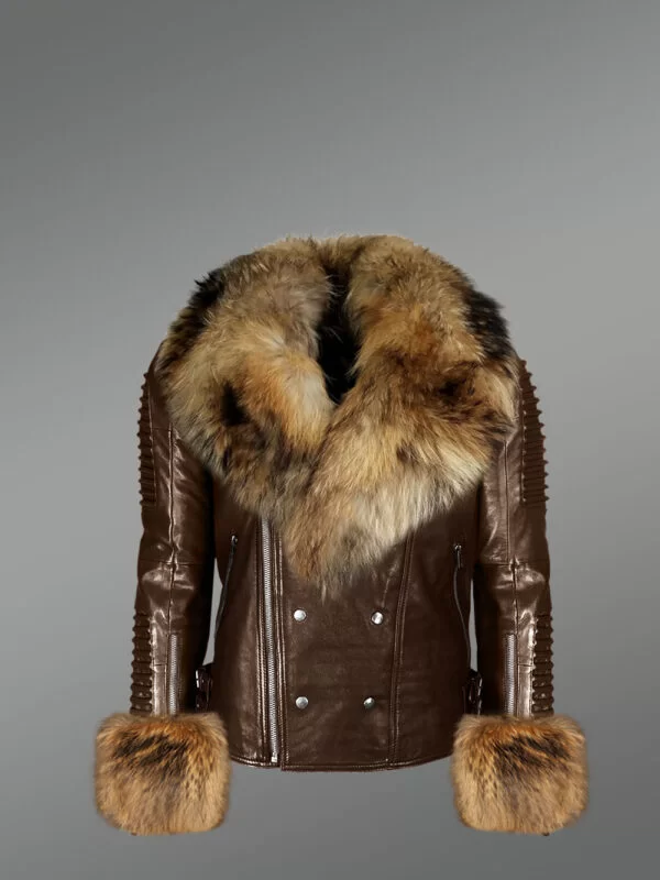 Genuine Leather Jacket for Men with Raccoon Fur Collar and Handcuffs - Image 3