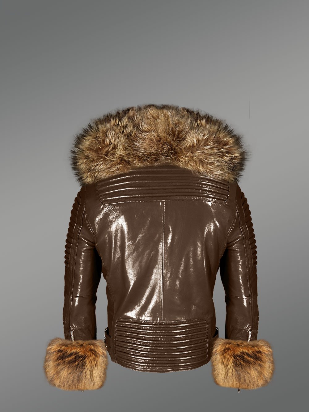 Genuine Leather Jacket for Men with Raccoon Fur Collar and Handcuffs - Image 5