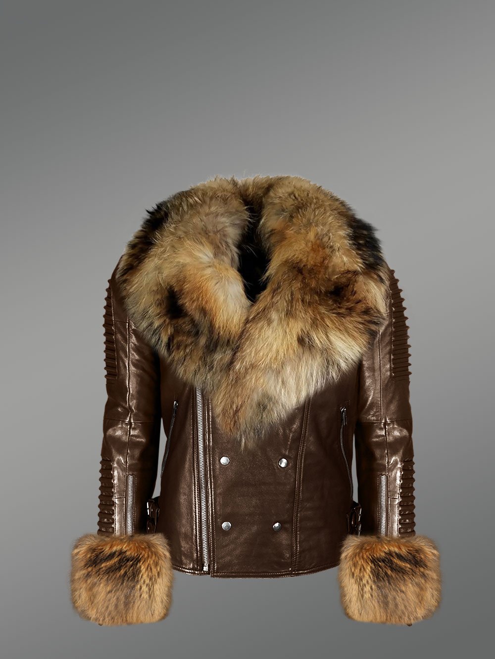 Genuine Leather Jacket for Men with Raccoon Fur Collar and Handcuffs - Image 3