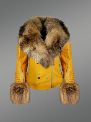Genuine Leather Jacket in Yellow with Removable Fur Collar and Handcuffs