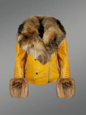 Genuine Leather Jacket in Yellow with Removable Fur Collar and Handcuffs