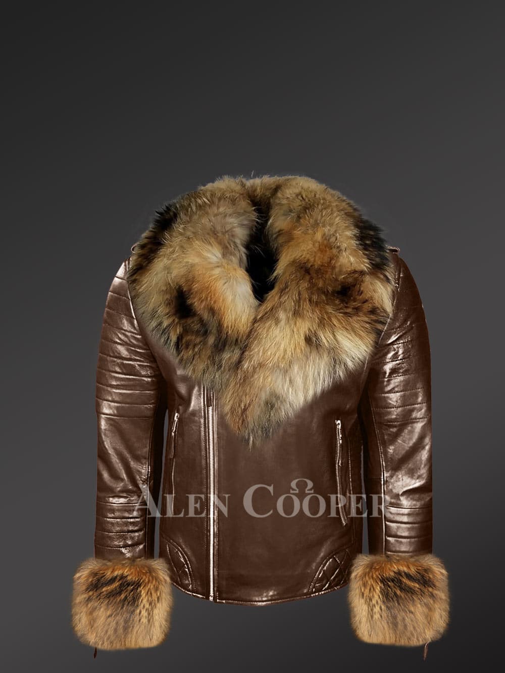 Genuine leather jackets in coffee with detachable fur collar and handcuffs