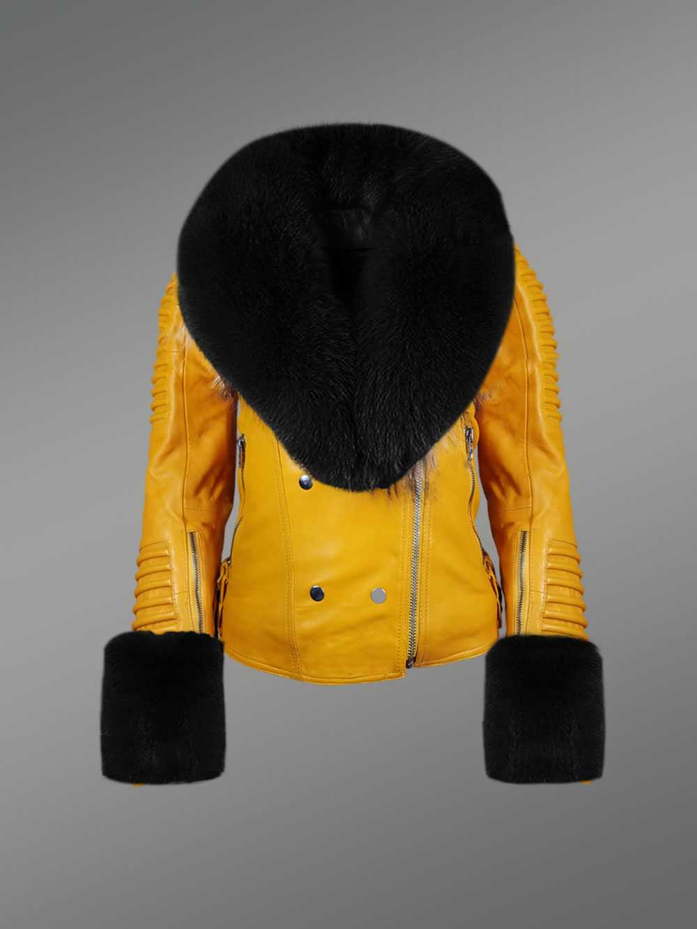 Genuine Leather Jackets with Contrasting Fur Collar and Handcuffs