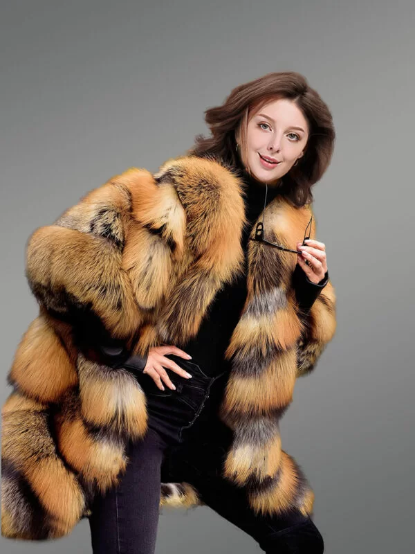 Golden Fox Fur Coat in Slant Shape for Women - Image 2