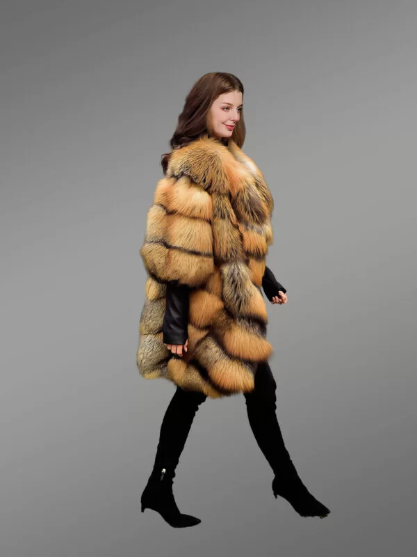 Golden Fox Fur Coat in Slant Shape for Women - Image 5