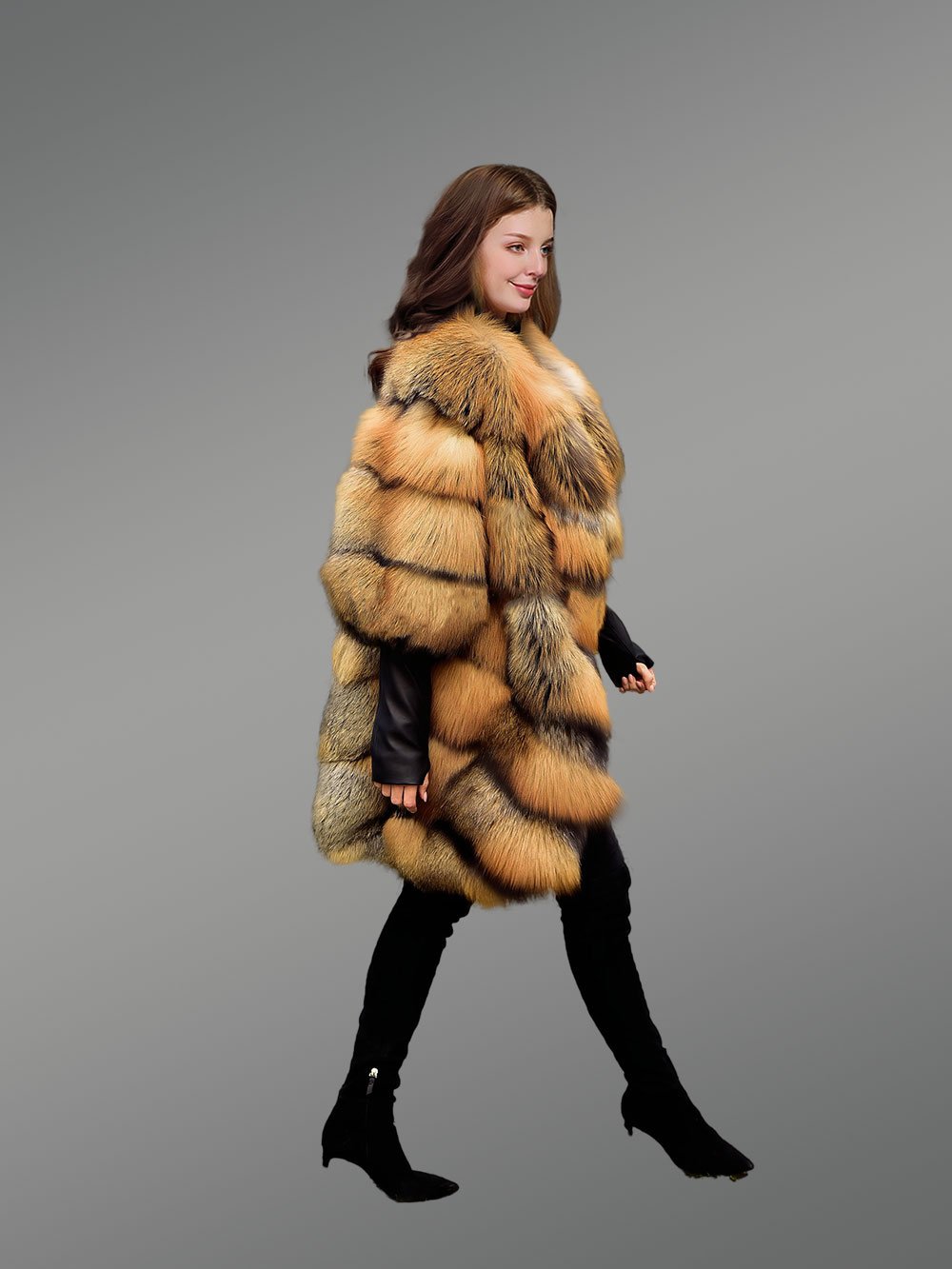 Golden Fox Fur Coat in Slant Shape for Women - Image 5