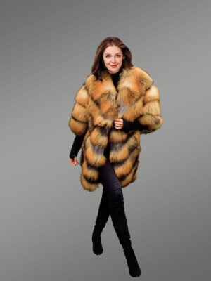 Golden Fox Fur Coat in Slant Shape for Women