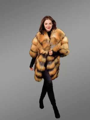 Golden Fox Fur Coat in Slant Shape for Women