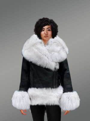 High-Low Shearling Jacket with White Detailing for Women