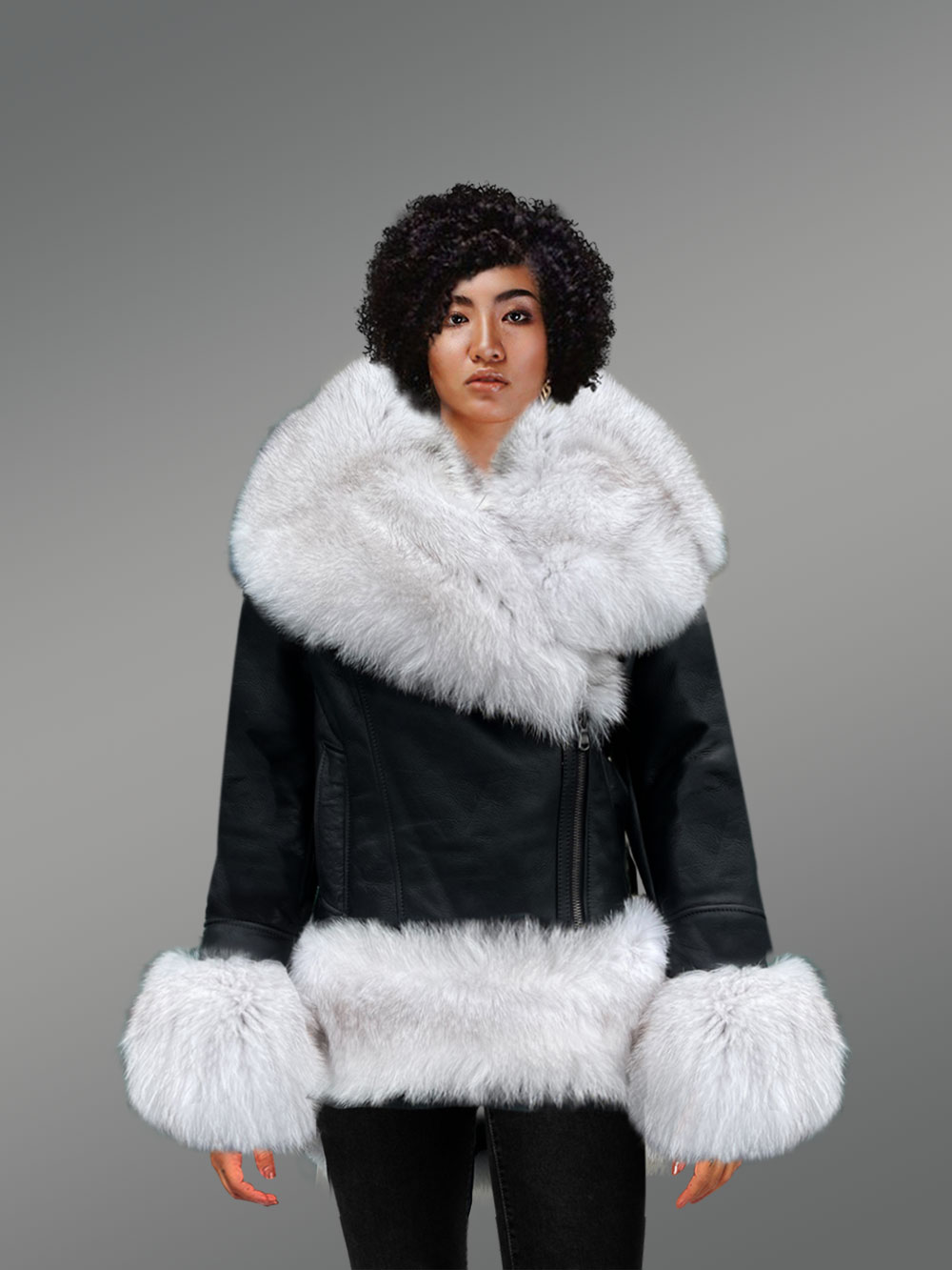 High-Low Shearling Jacket with White Detailing for Women