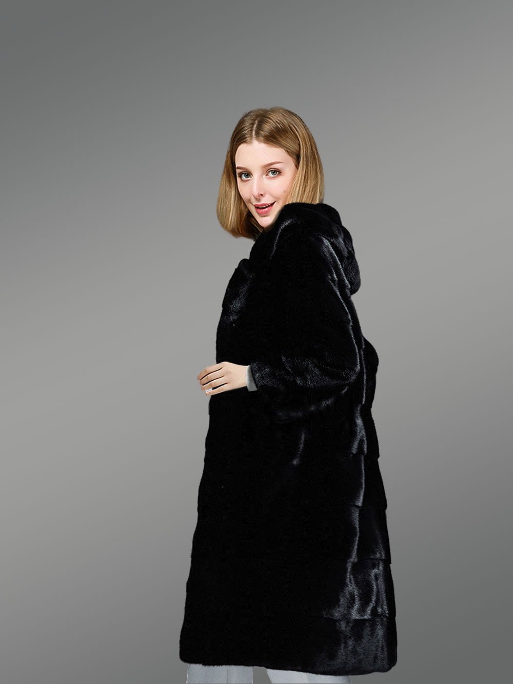 Hooded Black Mink Fur Long Coat for Elegant Women - Image 3
