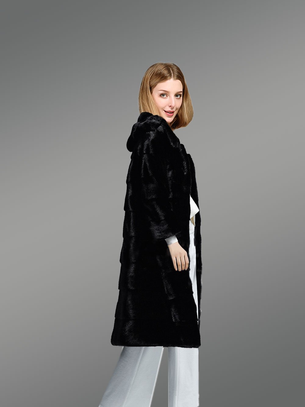 Hooded Black Mink Fur Long Coat for Elegant Women - Image 4