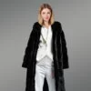 Hooded Black Mink Fur Long Coat For Elegant Women