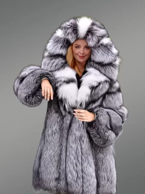 Hooded Silver Fox Fur Long Coat for Women