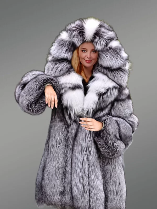 Hooded Silver Fox Fur Long Coat for Women