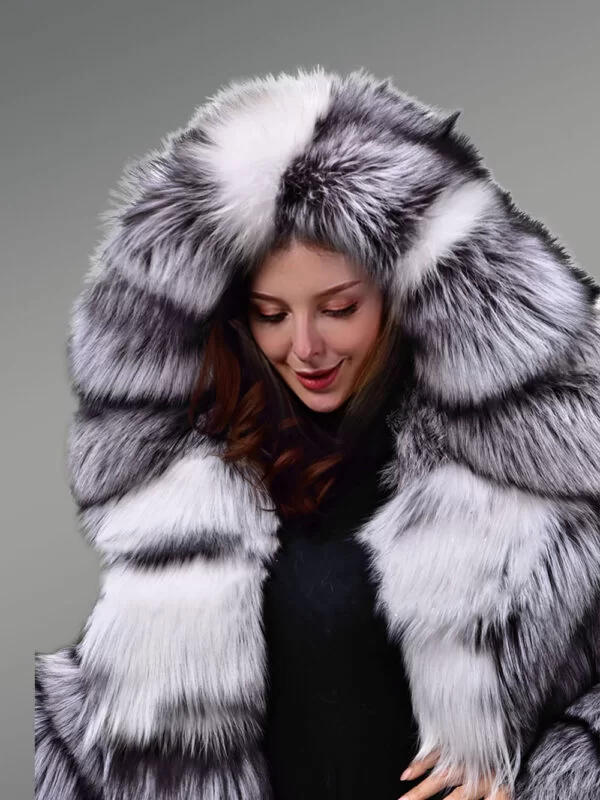 Hooded Silver Fox Fur Long Coat for Women - Image 6