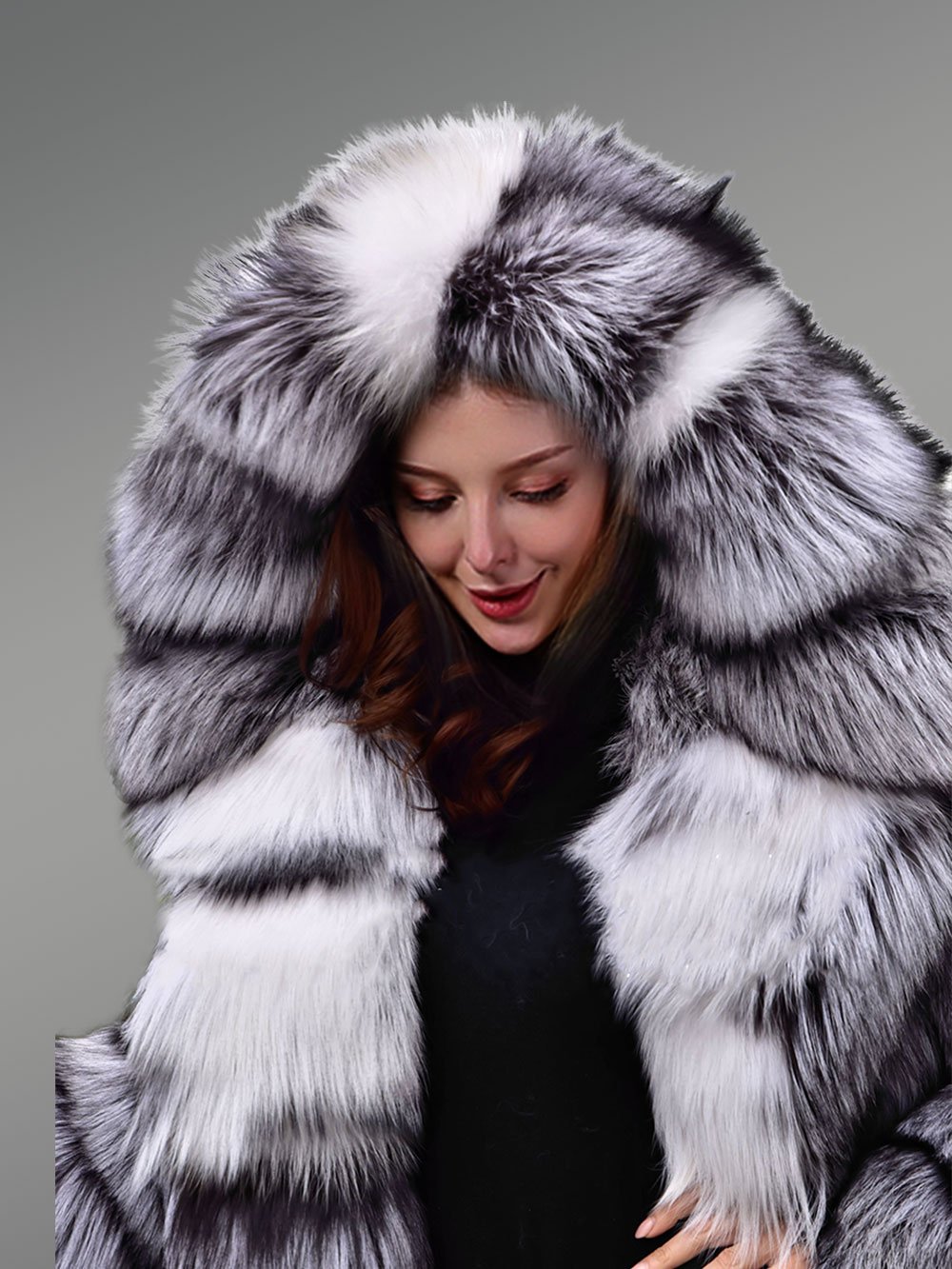 Hooded Silver Fox Fur Long Coat for Women - Image 6