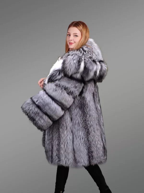 Hooded Silver Fox Fur Long Coat for Women - Image 5