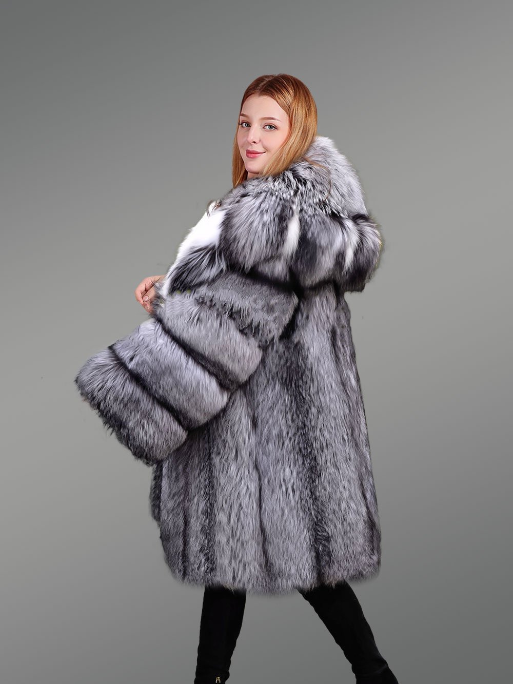 Hooded Silver Fox Fur Long Coat for Women - Image 5