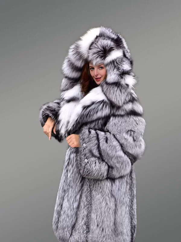 Hooded Silver Fox Fur Long Coat for Women - Image 4