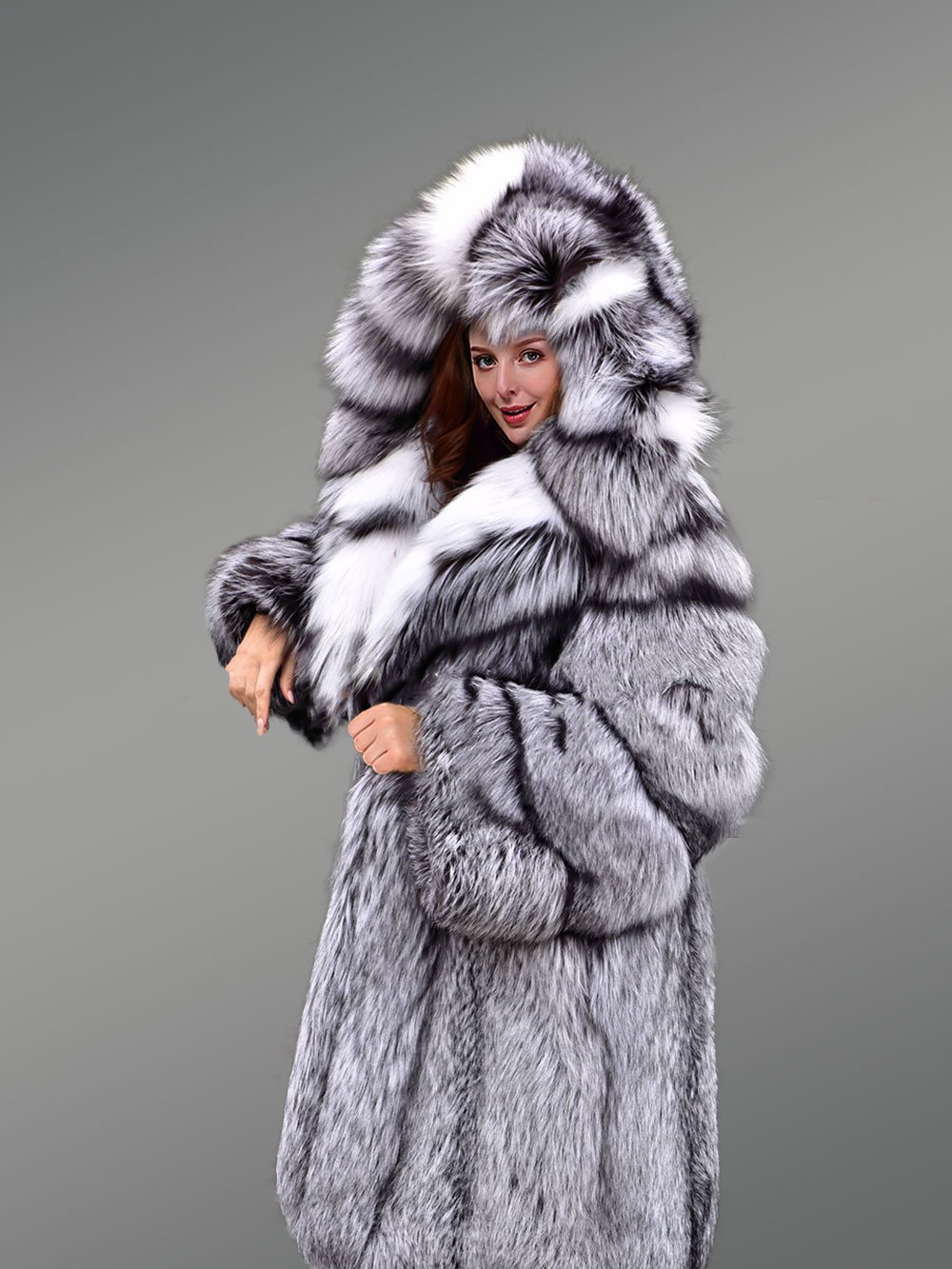 Hooded Silver Fox Fur Long Coat for Women - Image 4