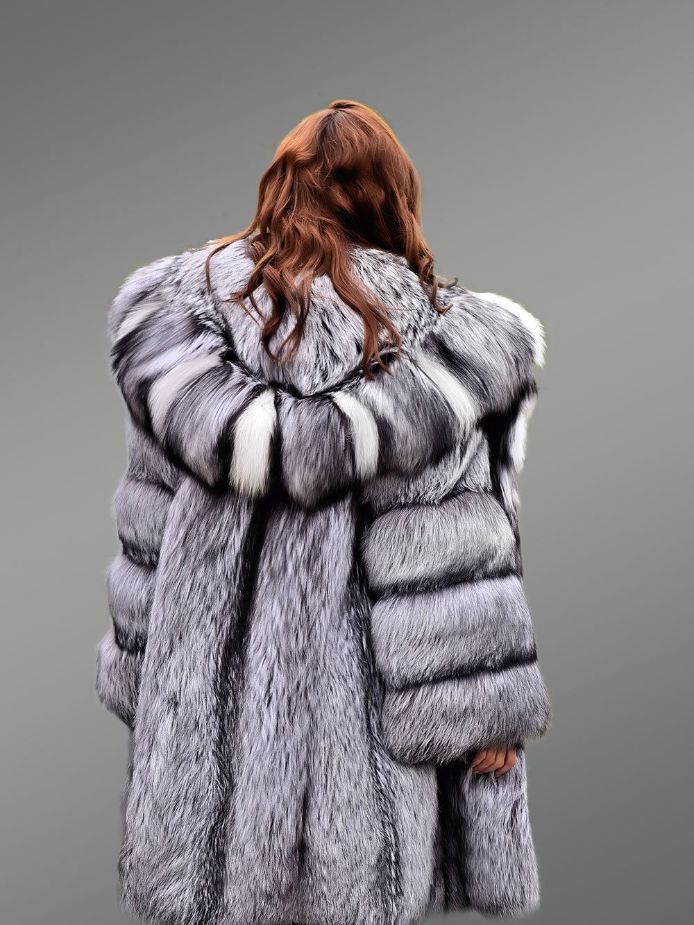 Hooded Silver Fox Fur Long Coat for Women - Image 7
