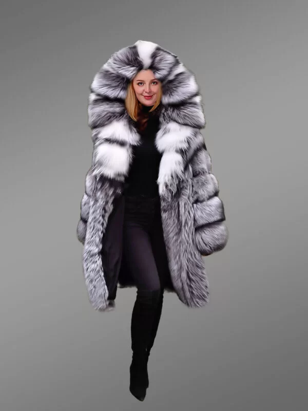 Hooded Silver Fox Fur Long Coat for Women - Image 3
