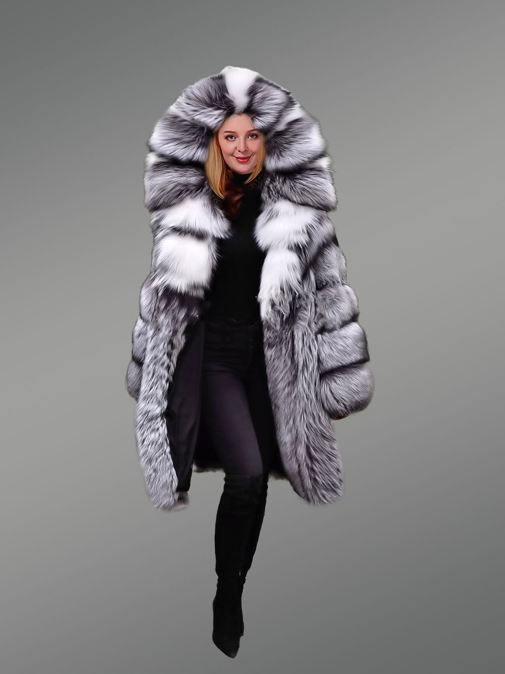 Hooded Silver Fox Fur Long Coat for Women - Image 3