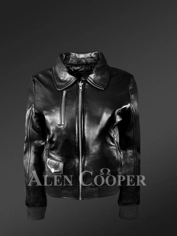 Italian Leather Finish Black Women's Biker Bomber Jacket - Image 2