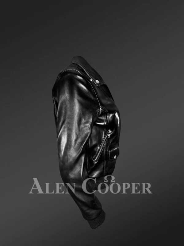 Italian Leather Finish Black Women's Biker Bomber Jacket - Image 3